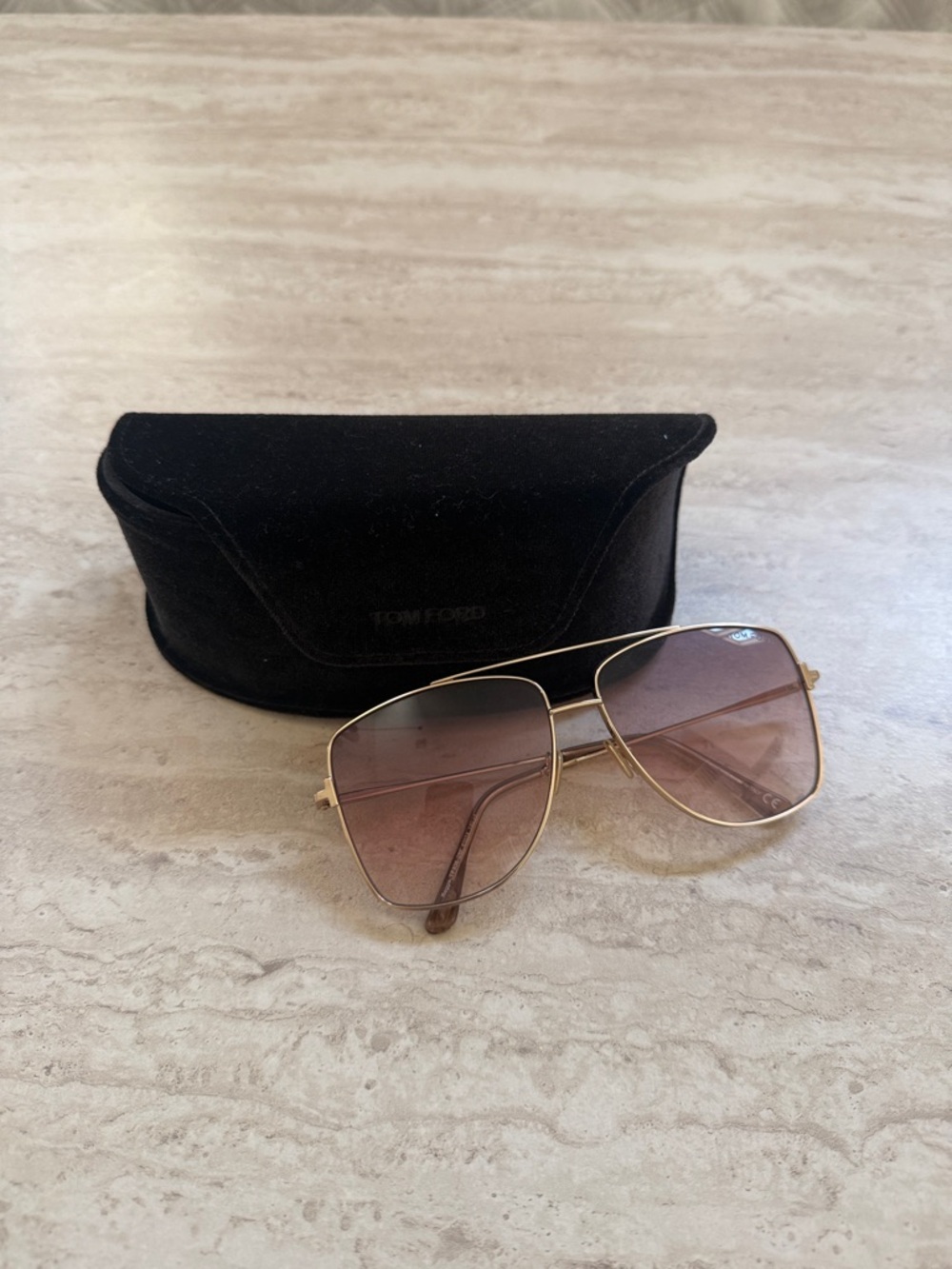 Tom Ford Gold Aviator Sunglasses with Brown Gradient Lenses and Black Case